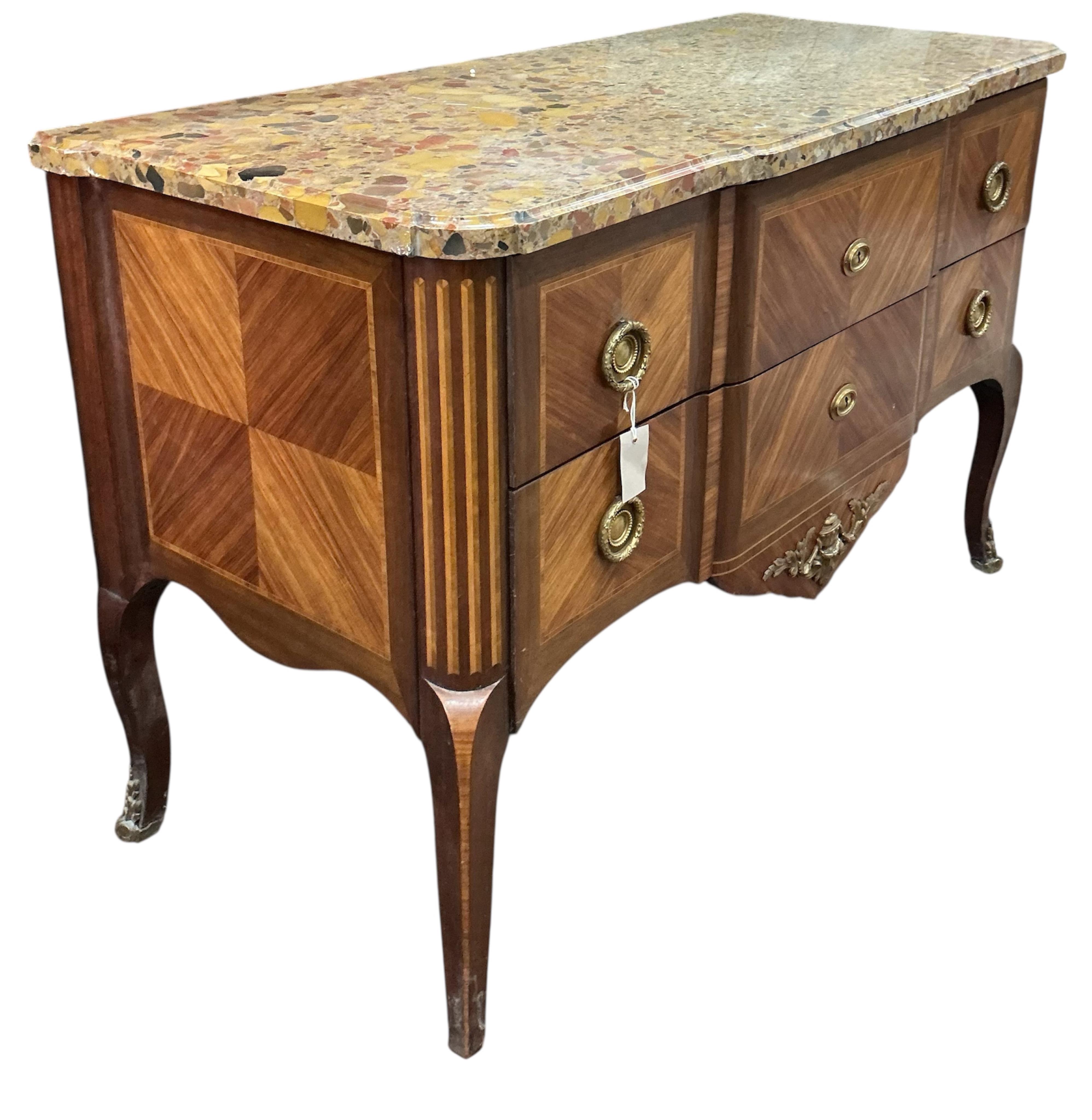 A French Transitional style banded kingwood marble top commode, width 124cm, depth 57cm, height 82cm